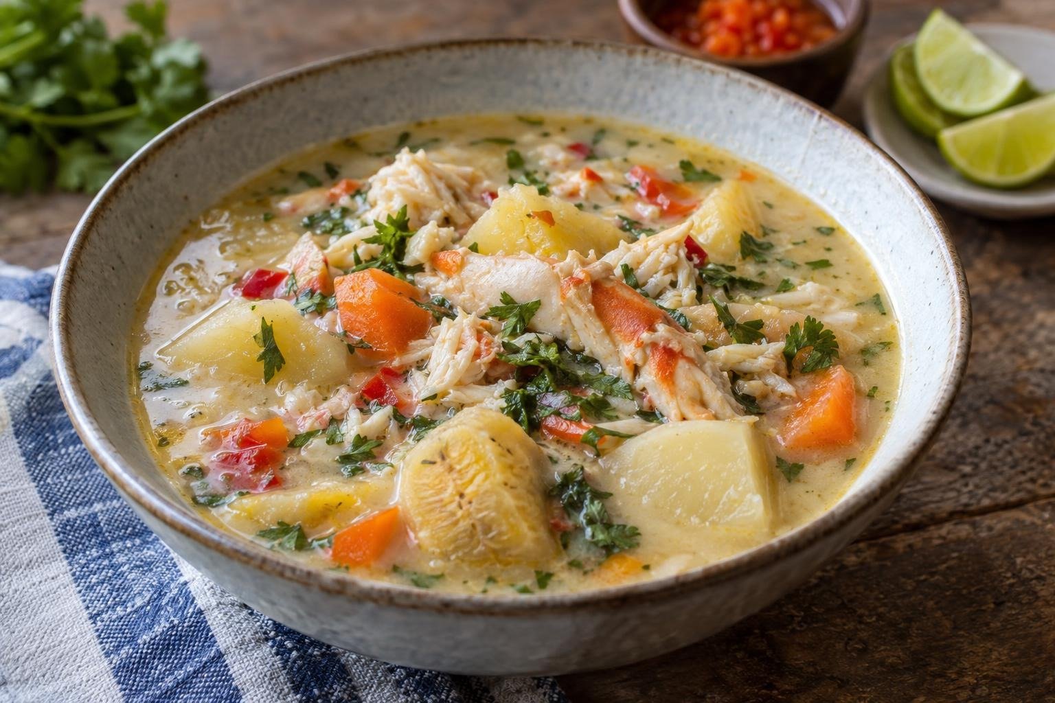 Tazón de sopa de cangrejo de San Andrés con leche de coco, yuca, papa, plátano verde, zanahoria y cilantro.
