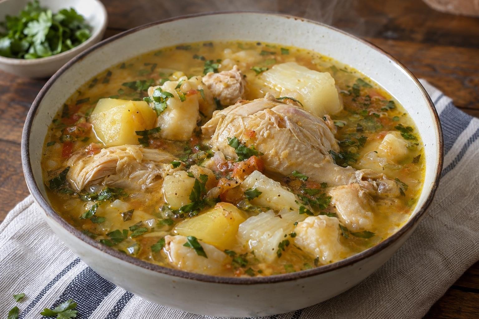Plato hondo de sopa de carantanta caucana con pollo, papa, yuca, trozos de masa de maíz y cilantro fresco.