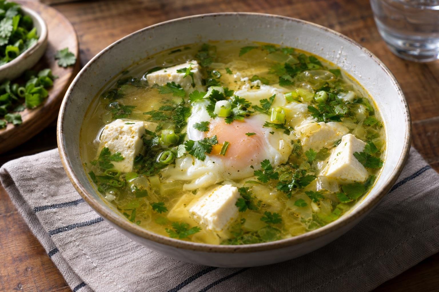 Tazón de sopa de cuajada huilense con caldo claro, huevo escalfado, cubos de cuajada fresca, cebolla larga y cilantro