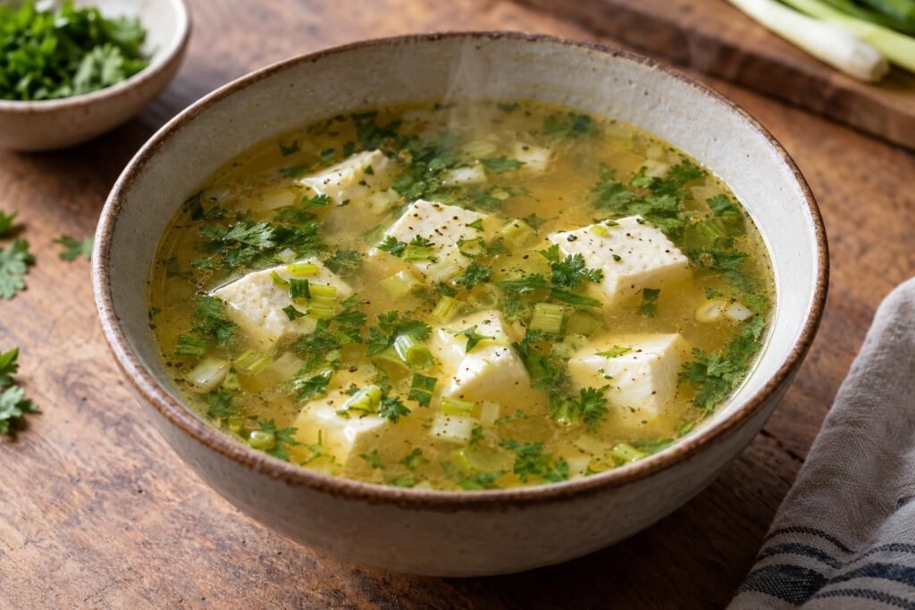Tazón de sopa de cuajada tolimense con cubos de cuajada, caldo sazonado y cilantro fresco.