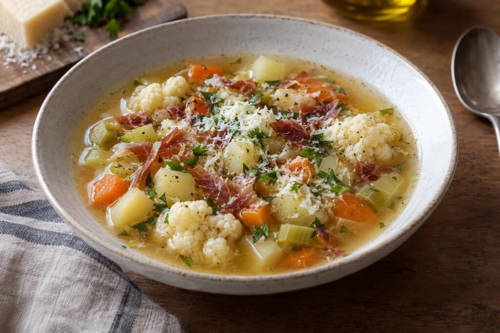 Plato hondo de sopa de jamón ibérico y coliflor con patata, zanahoria, perejil y parmesano