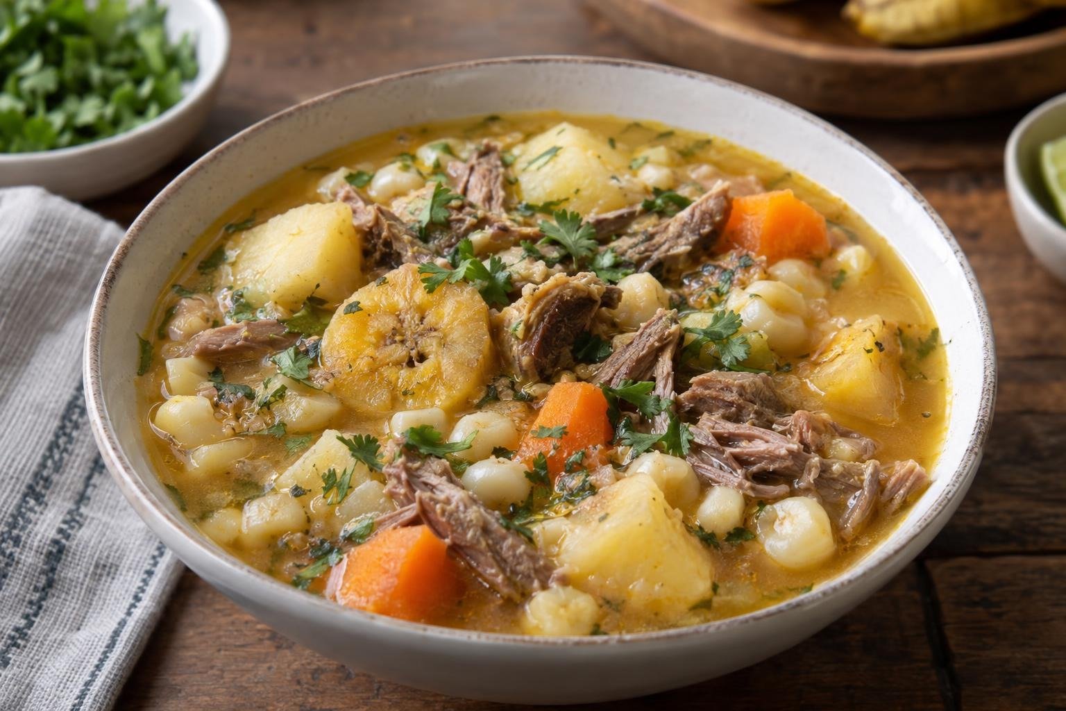 Plato hondo de sopa de maíz santandereana con costilla de res desmechada, papa, yuca, plátano verde, zanahoria y cilantro