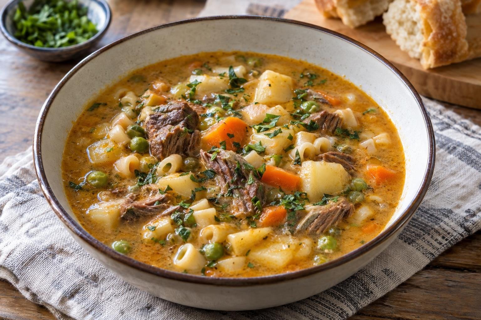 Plato hondo de sopa de maní boliviana con carne de res, papa, fideos, zanahoria, arvejas y perejil
