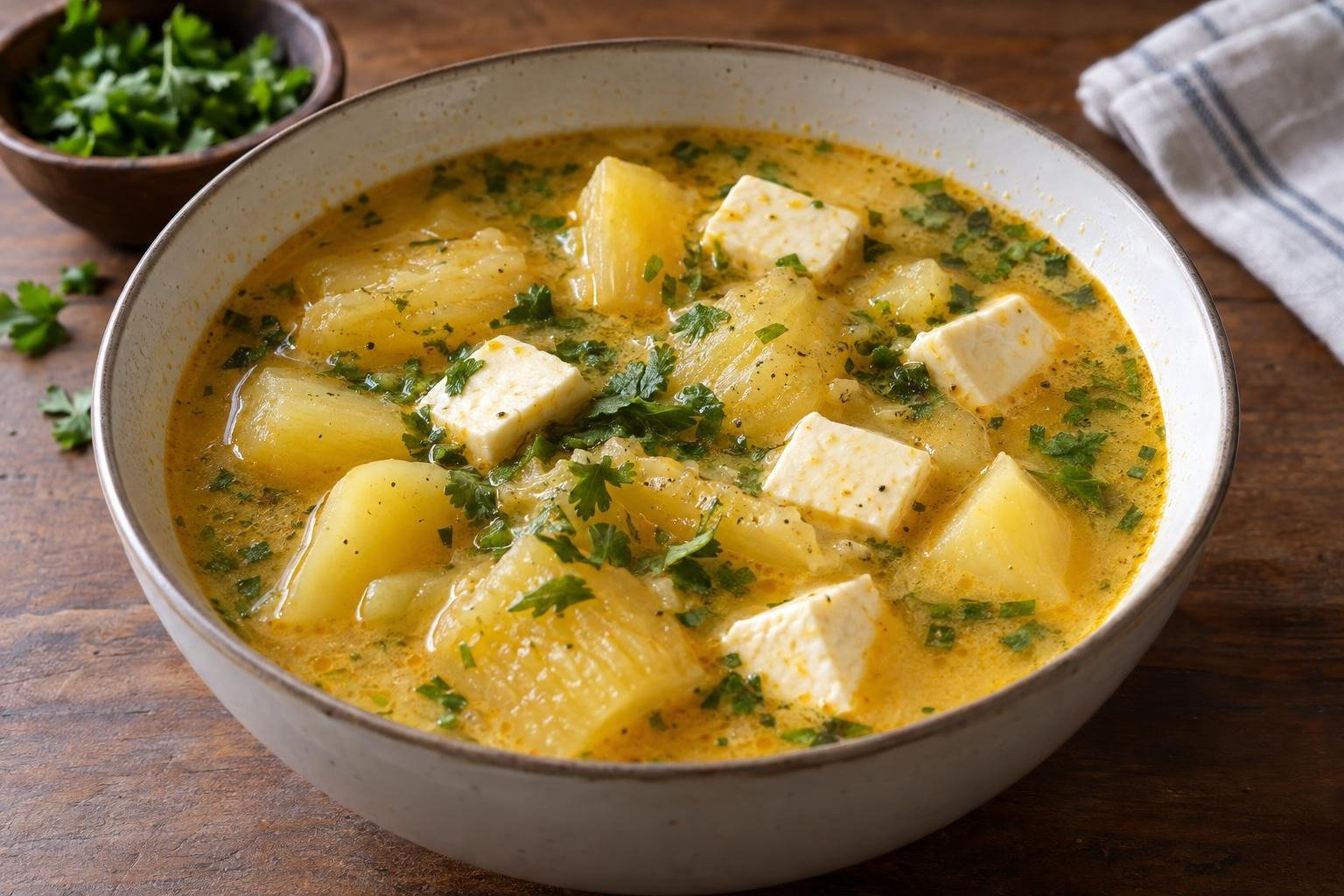 Tazón de sopa de queso chocoana con papa, yuca, leche de coco, cubos de queso costeño y cilantro.
