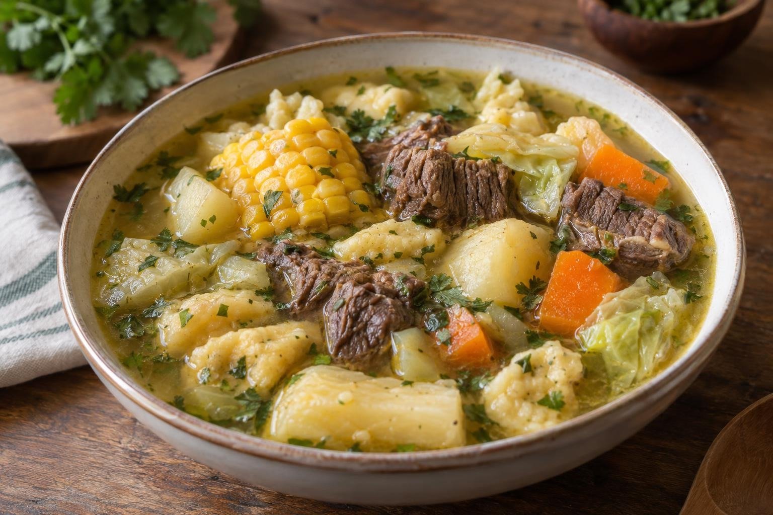 Plato hondo de sopa de ruyas santandereana con carne de res, papa, yuca, mazorca, verduras y pequeñas piezas de masa de maíz.