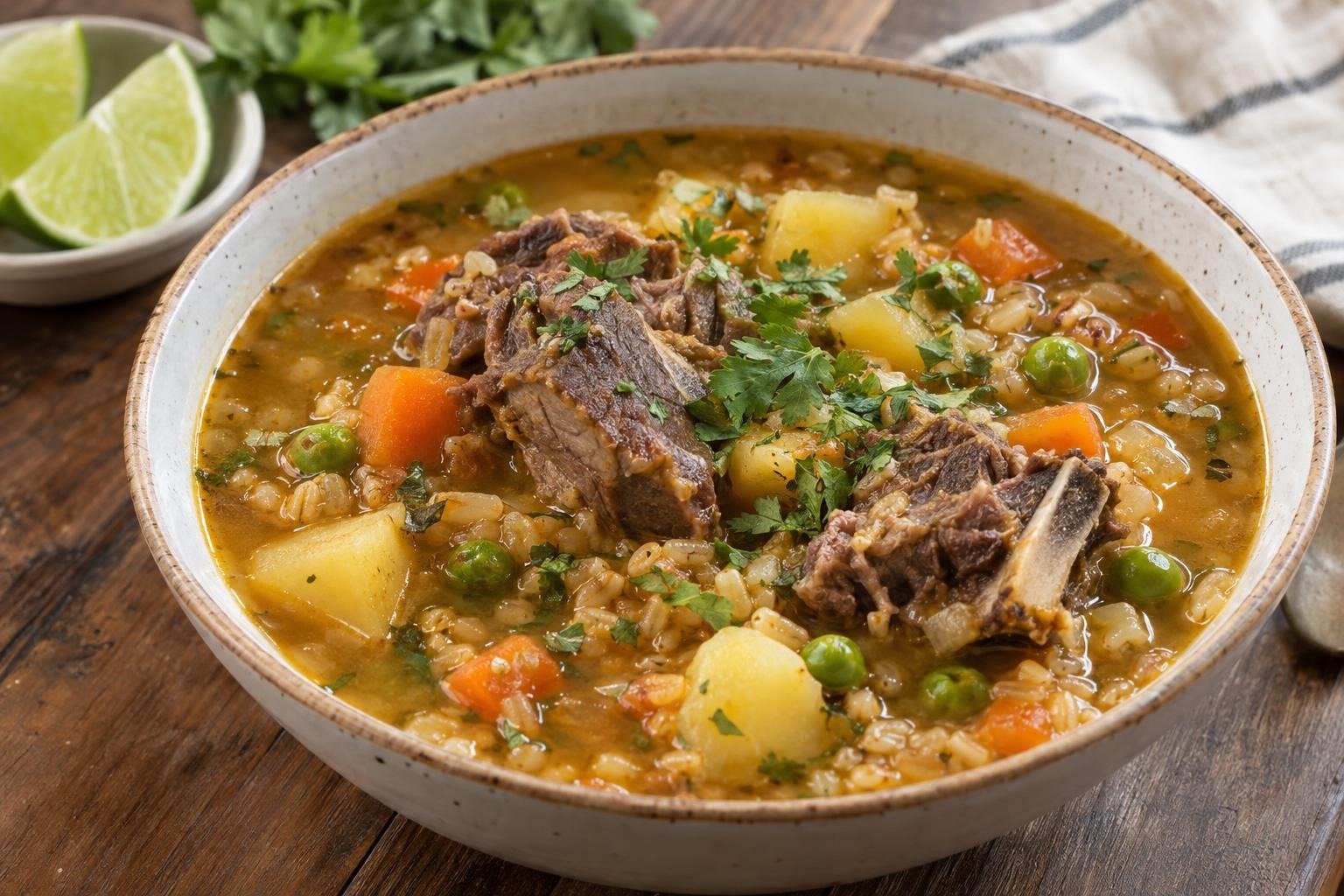 Plato hondo de sopa de trigo nariñense con costilla de res, papa, zanahoria, arvejas, trigo tierno y cilantro.