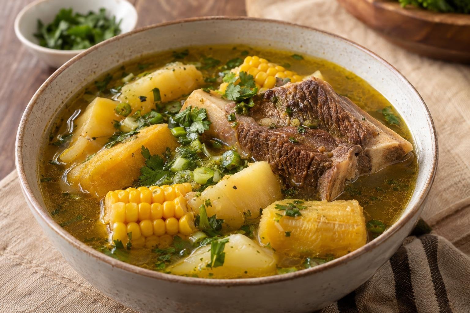 Plato hondo de sopa llanera con costilla de res, plátano verde, yuca, mazorca, cilantro y caldo dorado.