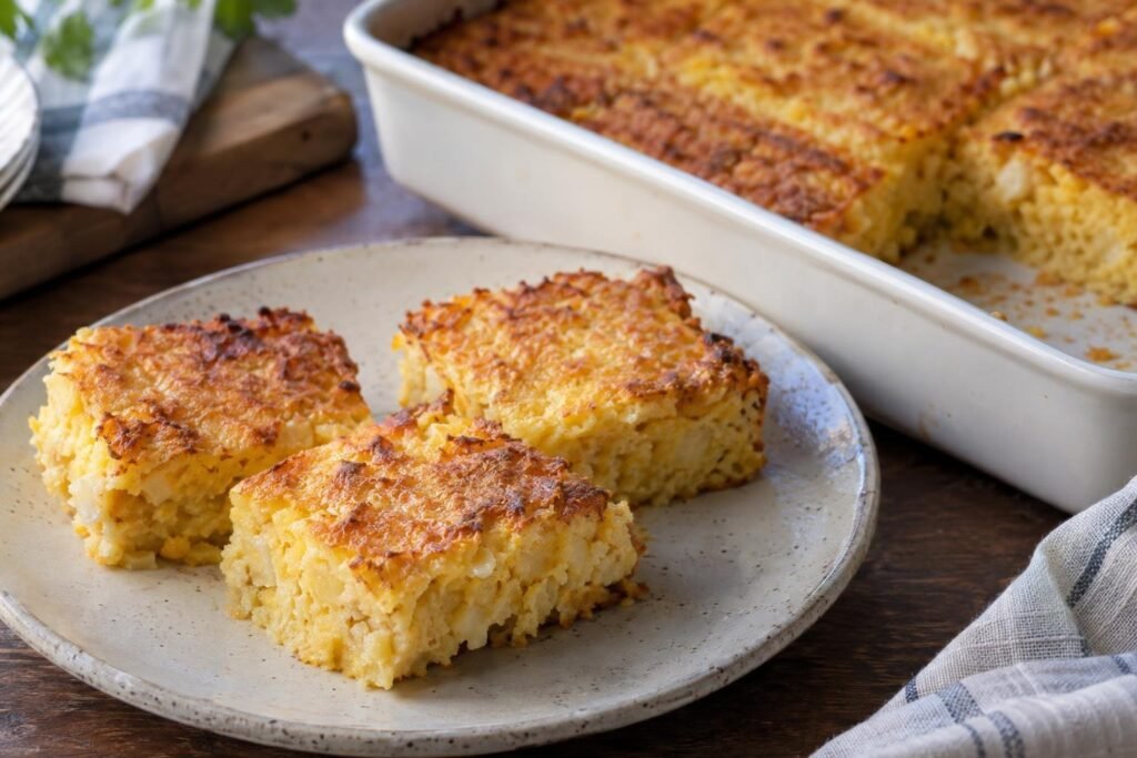 Cuadrados de sopa paraguaya horneada con superficie dorada, miga tierna, queso y cebolla visibles.