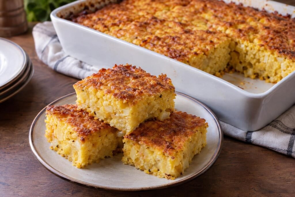 Porciones cuadradas de sopa paraguaya dorada, con interior tierno de harina de maíz, cebolla y queso