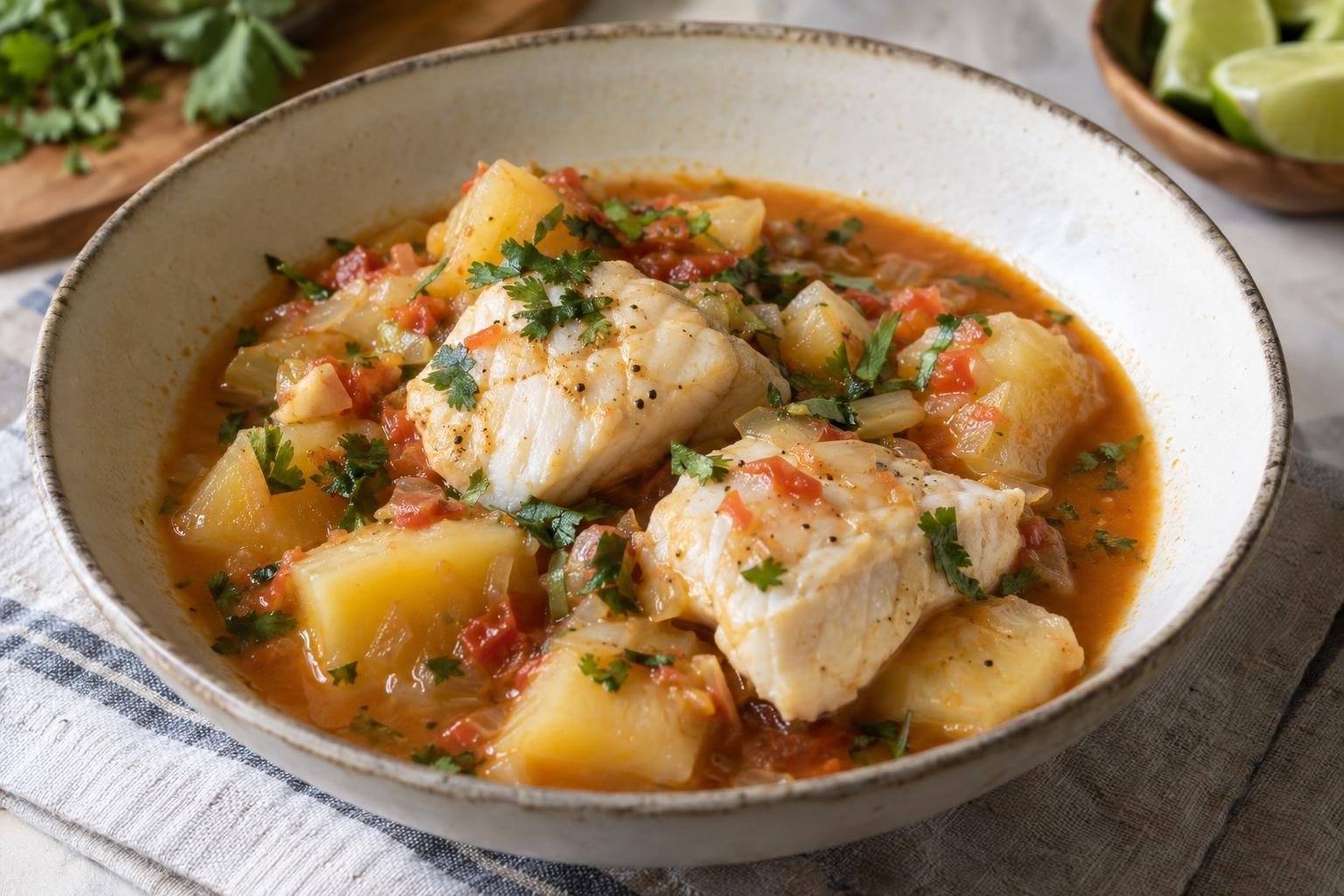 Plato hondo de sudado amazónico de pescado con yuca, con trozos de pescado blanco, yuca tierna, caldo de tomate y cilantro fresco.