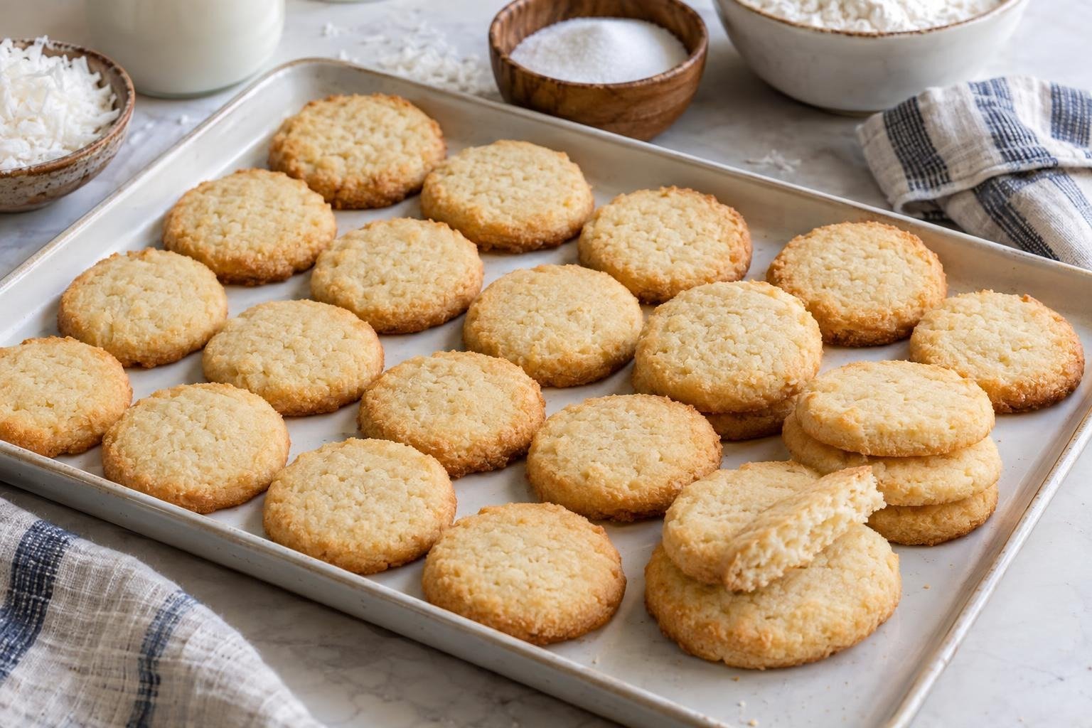 Galletas redondas de sugar cake isleño de coco, doradas en los bordes y servidas en una bandeja.