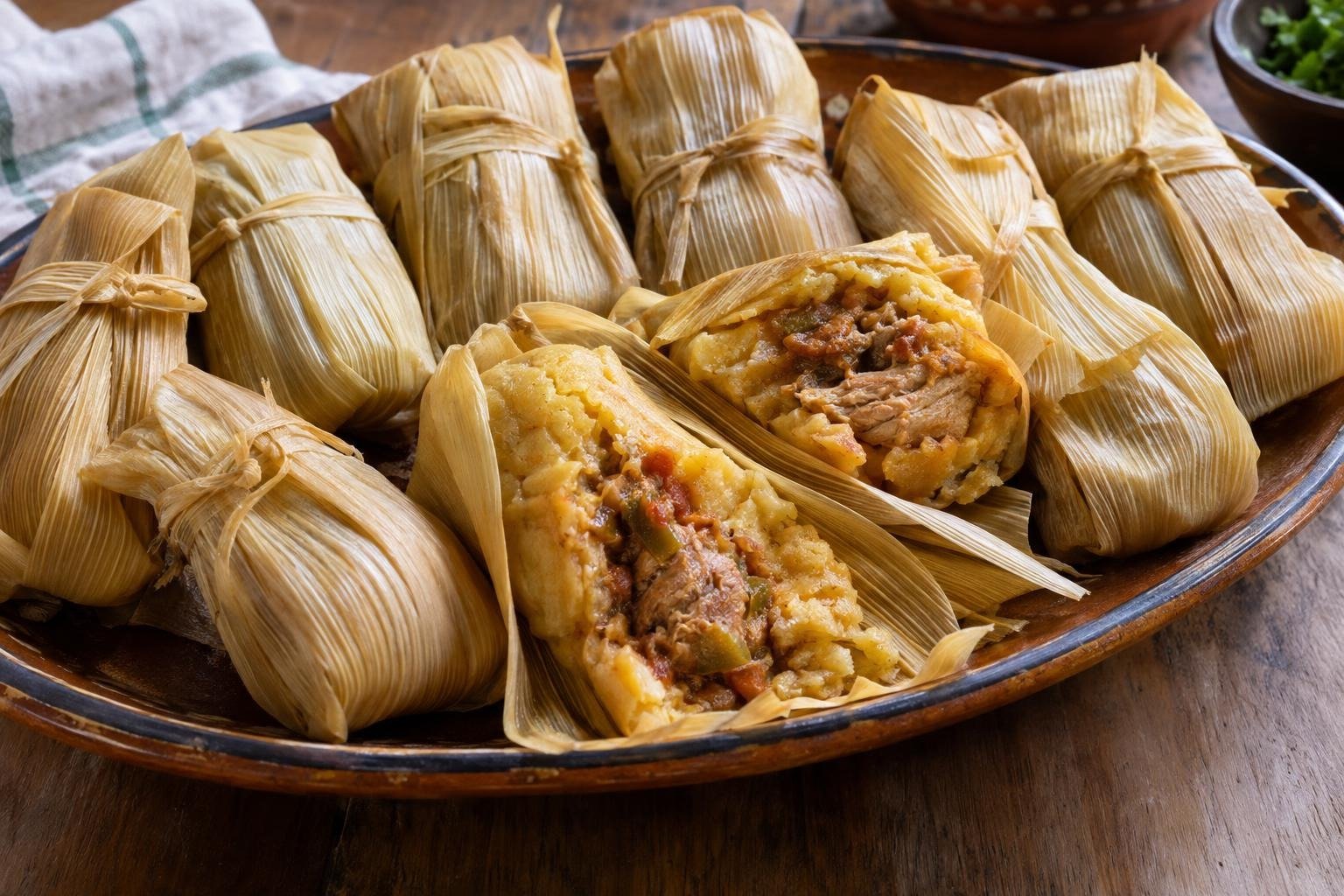 Tamales cubanos de maíz tierno con cerdo y sofrito, envueltos en hojas de maíz y servidos en una fuente.