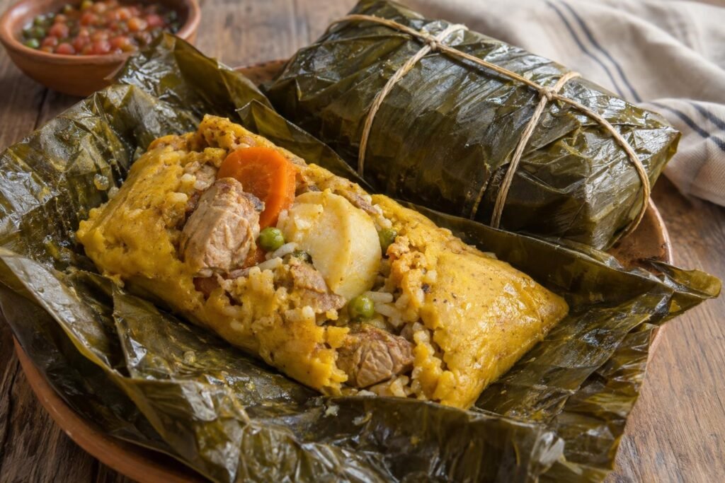 Tamal huilense abierto sobre hoja de bijao, con masa amarilla, cerdo, pollo, tocino, arroz, papa, zanahoria y arvejas visibles.
