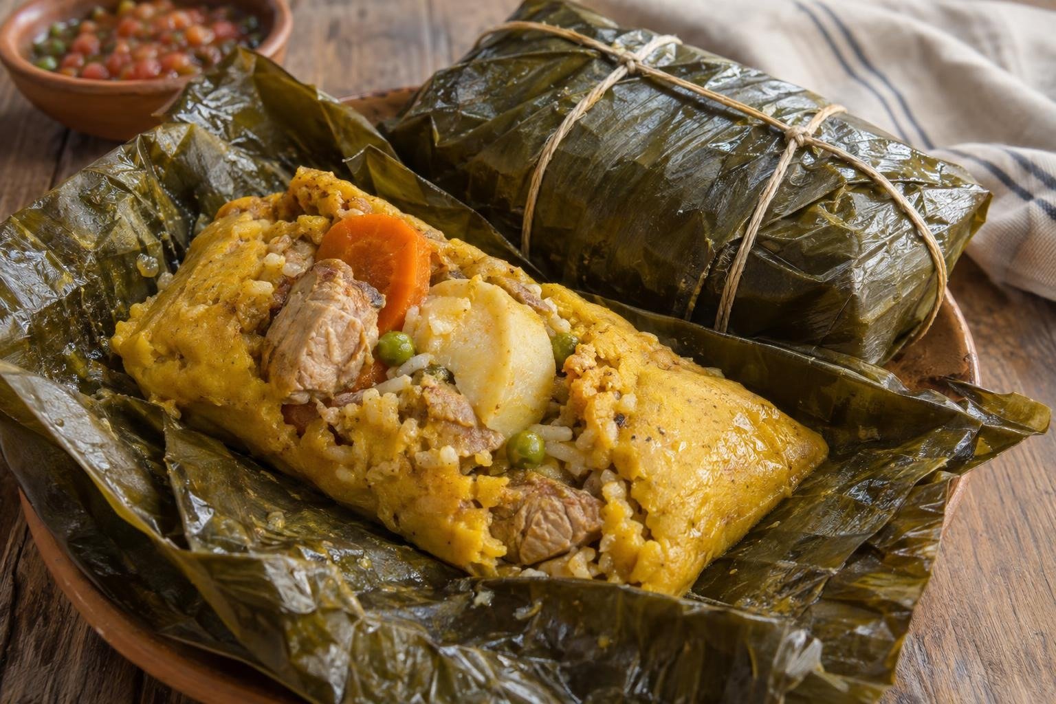 Tamal huilense abierto sobre hoja de bijao, con masa amarilla, cerdo, pollo, tocino, arroz, papa, zanahoria y arvejas visibles.