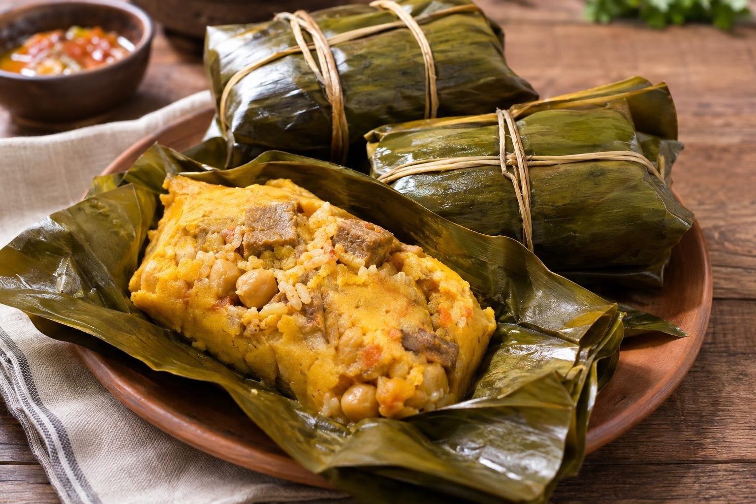 Tamal santandereano abierto sobre hoja de plátano, con masa de maíz, carnes, arroz y garbanzos visibles.