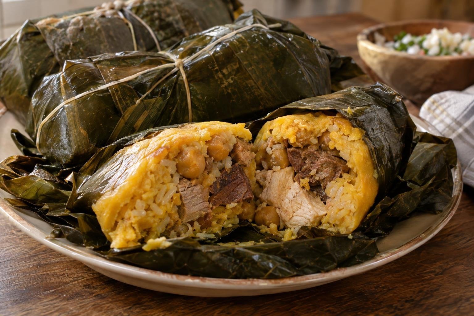 Tamal santandereano abierto sobre un plato, con masa amarilla, arroz, garbanzos y trozos de cerdo, res y pollo envueltos en hoja de bijao.