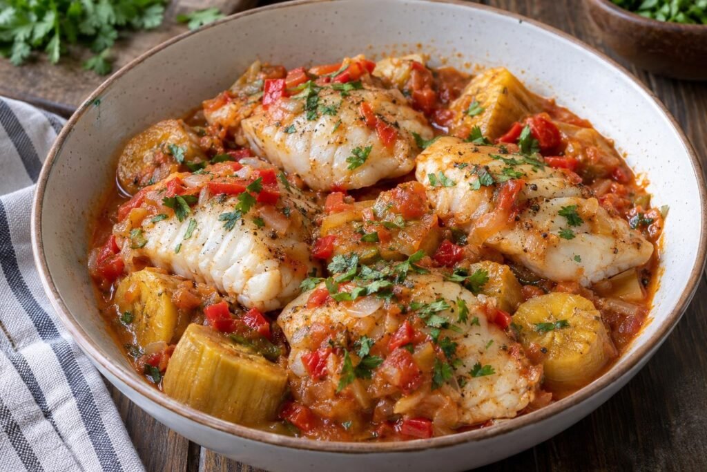 Tapao de pescado chocoano con trozos de pescado blanco, plátano verde y salsa de tomate, cebolla, pimentón y cilantro servido en un plato hondo.