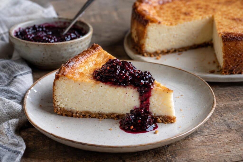 Porción de tarta de queso al horno con base de galletas y avellanas, servida con mermelada oscura de moras y frutos de saúco.