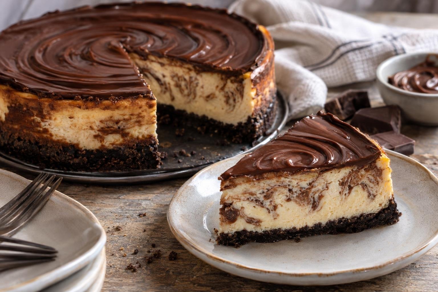 Porción de tarta de queso y chocolate al horno con base de galletas, relleno marmolado y cobertura de ganache.