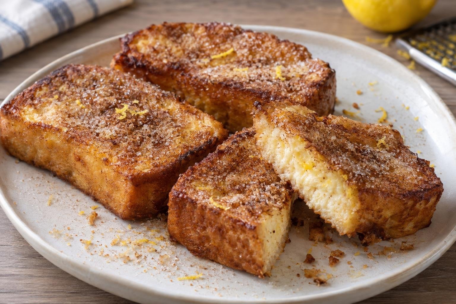 Torrijas gruesas de pan de molde horneadas, doradas y espolvoreadas con azúcar y canela sobre un plato