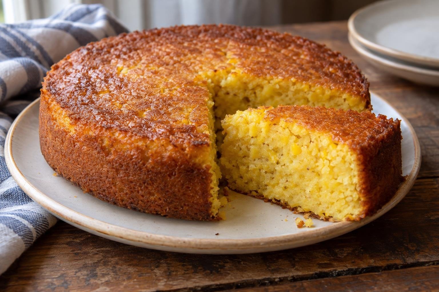 Torta de choclo colombiana redonda, dorada y cortada en tajadas, con miga amarilla húmeda y pequeños trozos de maíz visibles.