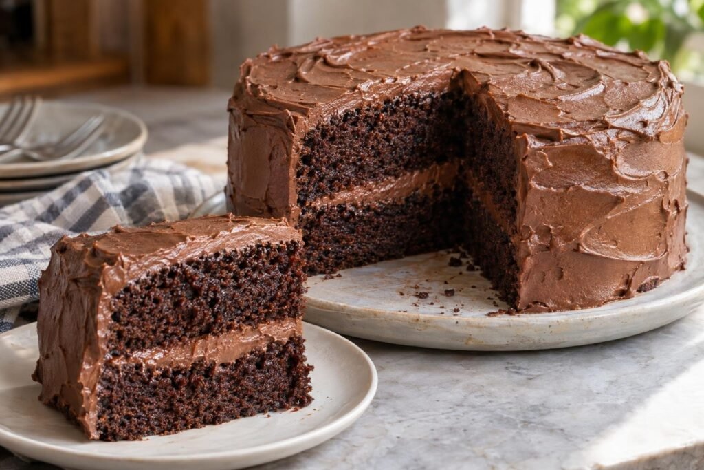 Torta de chocolate de dos capas con ganache cremosa de chocolate con leche y una porción cortada que muestra la miga húmeda.