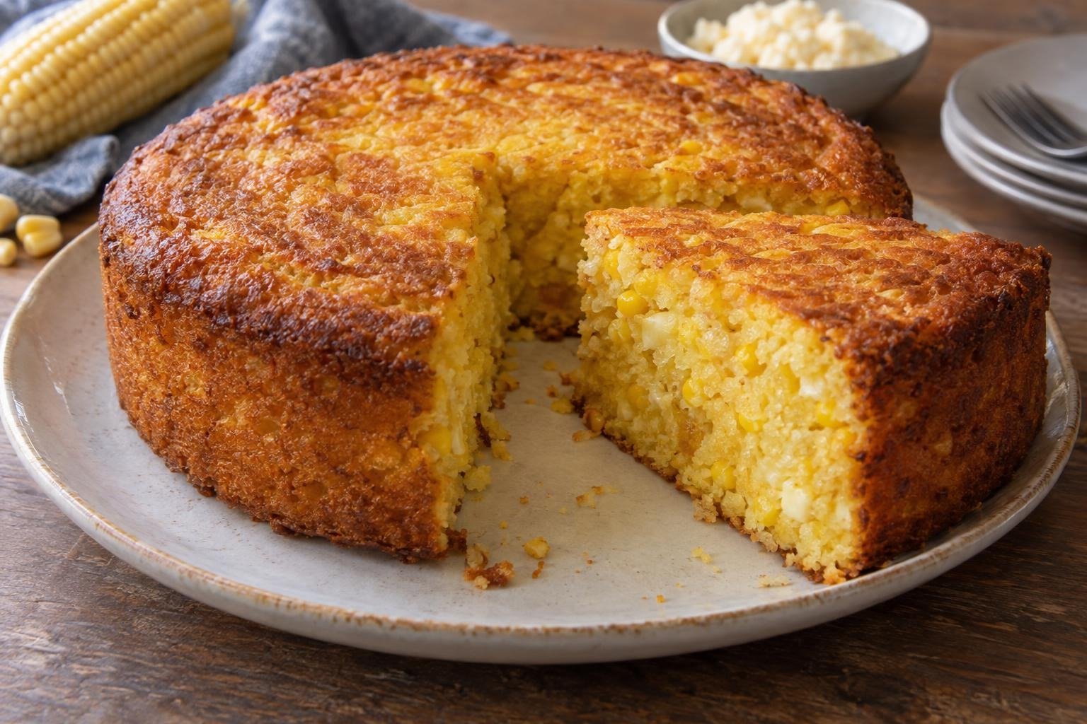 Porciones de torta de maíz santandereana con miga húmeda, granos de maíz, queso campesino y bordes dorados.