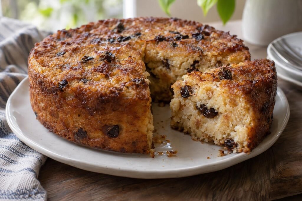 Tajada de torta de pan colombiana húmeda, dorada y con uvas pasas visibles sobre un plato.