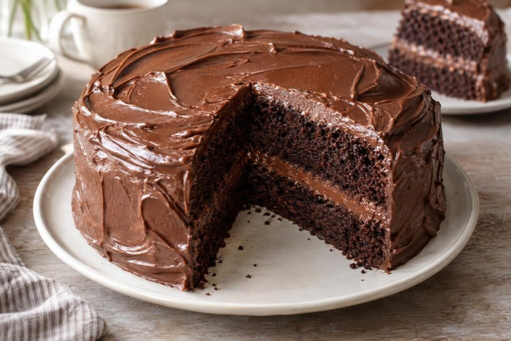 Porción de torta húmeda de chocolate en dos capas con relleno y cobertura de ganache cremosa de chocolate con leche.