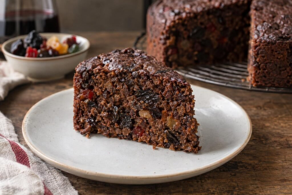 Porción de torta negra colombiana húmeda y compacta con pasas, ciruelas y frutas confitadas visibles en la miga oscura.