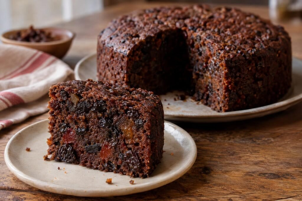 Tajadas de torta negra colombiana húmeda con pasas, ciruelas y frutas confitadas visibles en la miga oscura.