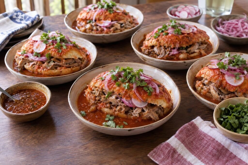Tortas ahogadas de Guadalajara rellenas de carnitas y frijoles, bañadas con salsa de jitomate y acompañadas de cebolla morada, rábano y cilantro.