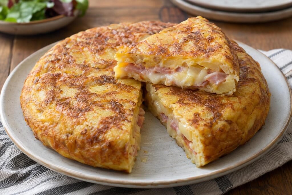 Porción de tortilla de patatas dorada rellena de jamón y queso fundido, con las capas visibles en el corte.