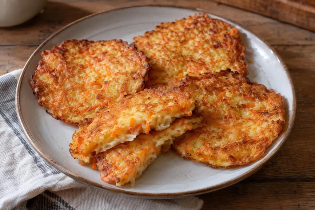 Tortillas paraguayas pequeñas y doradas con queso y zanahoria, servidas en un plato