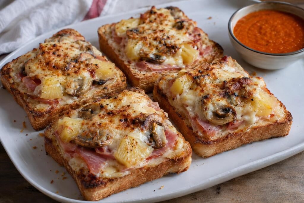 Tostadas de pan de molde con jamón, queso, piña, champiñones y bechamel, servidas con salsa cremosa de pimiento y tomate.