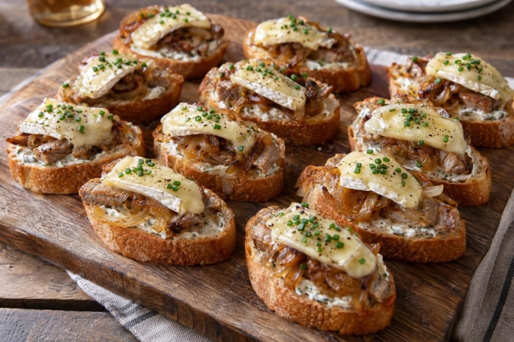 Tostas de baguette con solomillo de cerdo, brie tibio y cebolla caramelizada al brandy