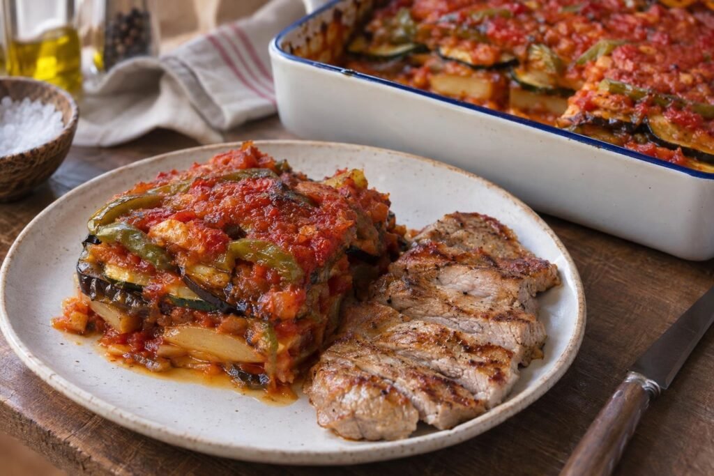 Tumbet mallorquín en capas con patata, berenjena, calabacín, pimientos y tomate, servido con secreto ibérico a la plancha.