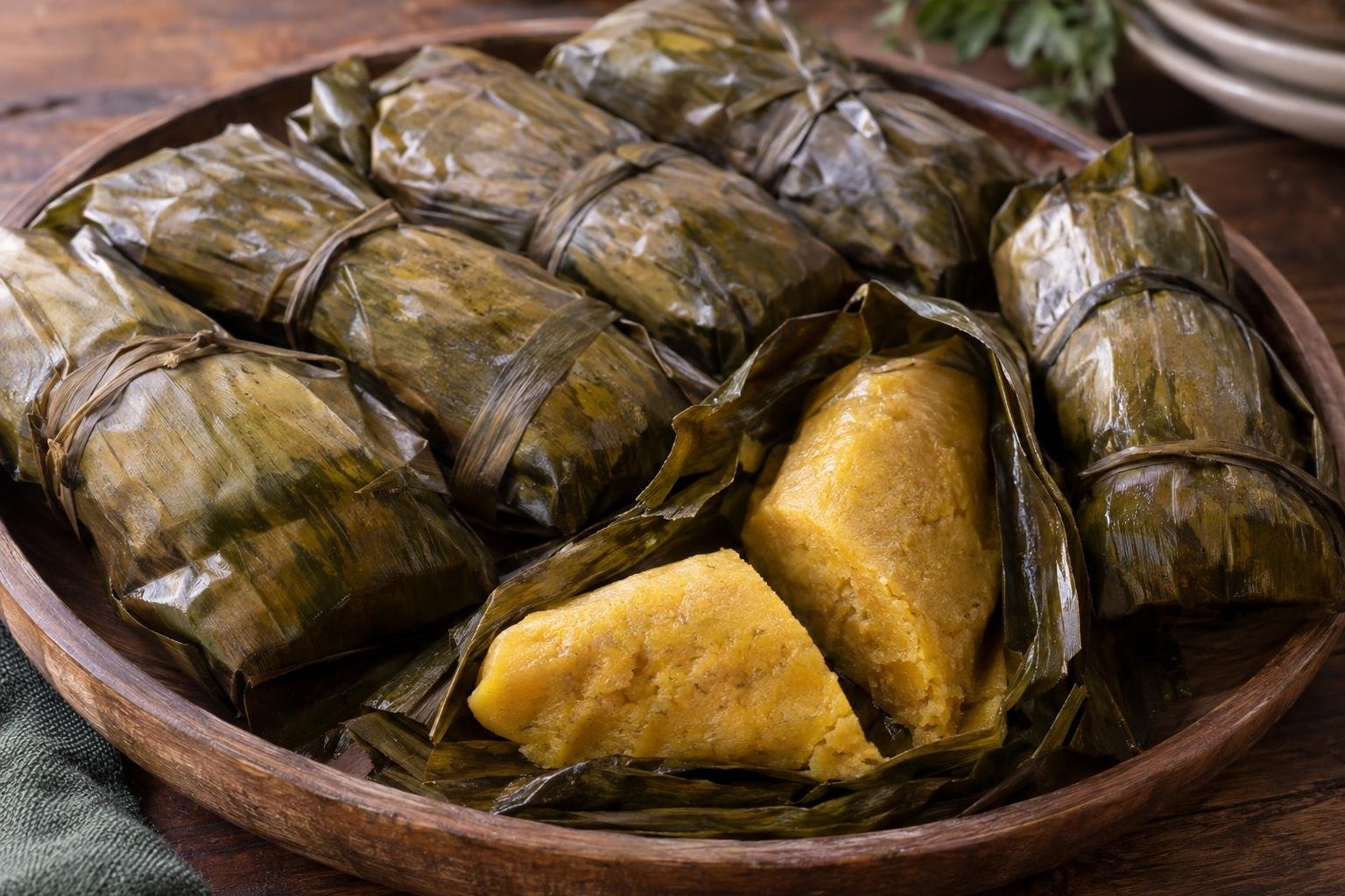 Tungos llaneros de plátano maduro y masa de maíz cocidos al vapor en hojas de plátano, uno abierto y cortado.