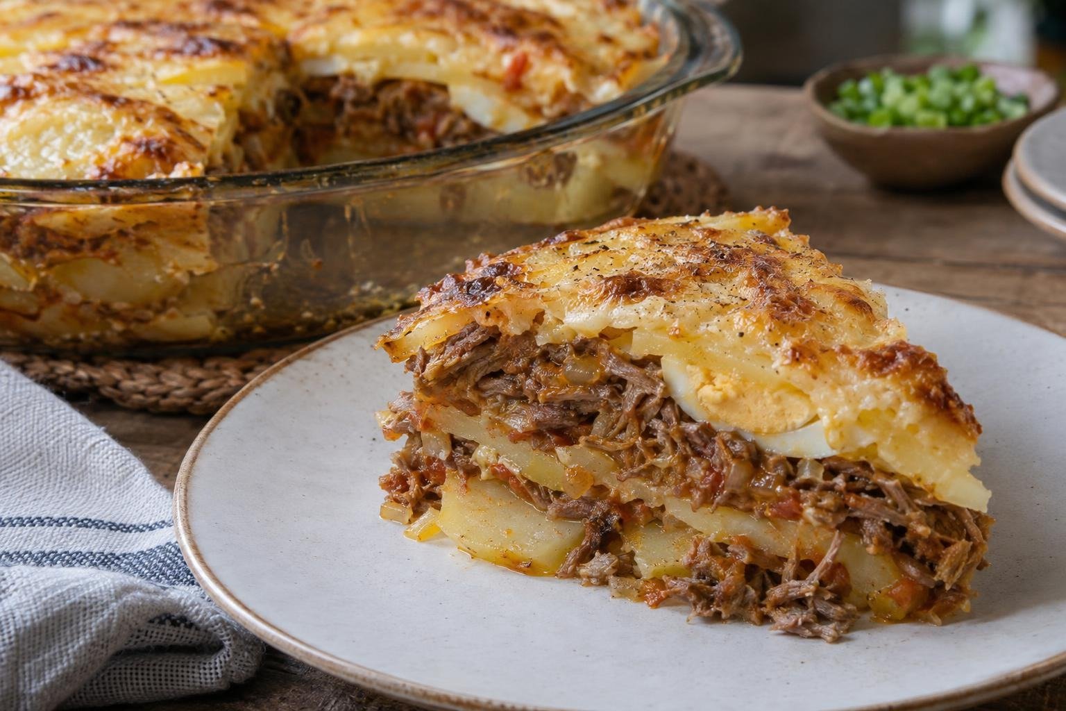 Porción de turmada santandereana con capas de papa, carne desmechada, huevo cocido y queso campesino ligeramente dorado.