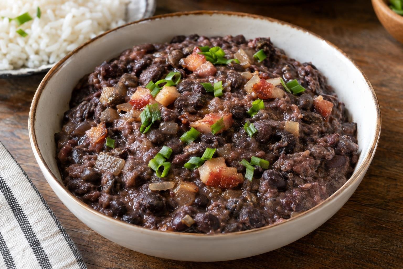 Tutu de feijão brasileño cremoso con frijoles negros, tocino, harina de yuca y cebollín, servido junto a arroz blanco.