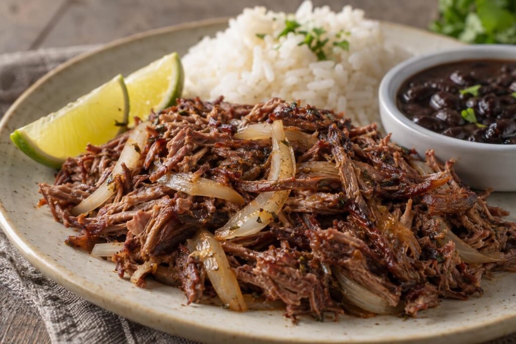 Vaca frita cubana de carne de res desmechada dorada con cebolla y gajos de limón, servida con arroz blanco y frijoles negros.