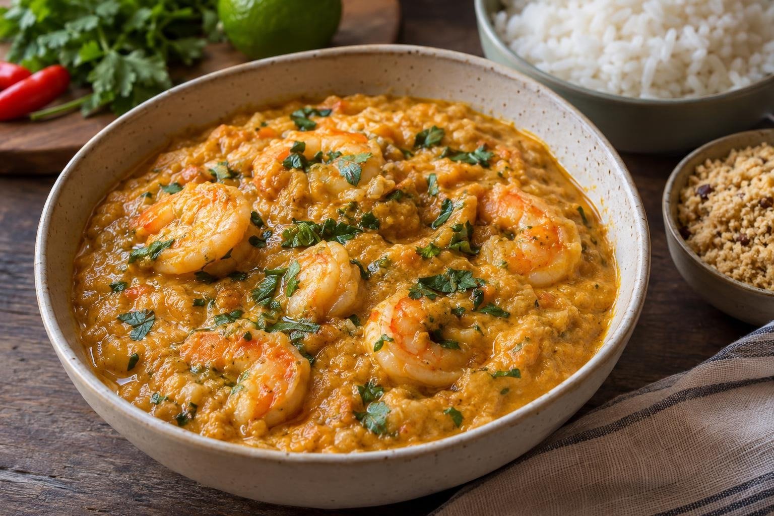 Vatapá brasileño cremoso de camarones y coco con cilantro, servido con arroz blanco y farofa