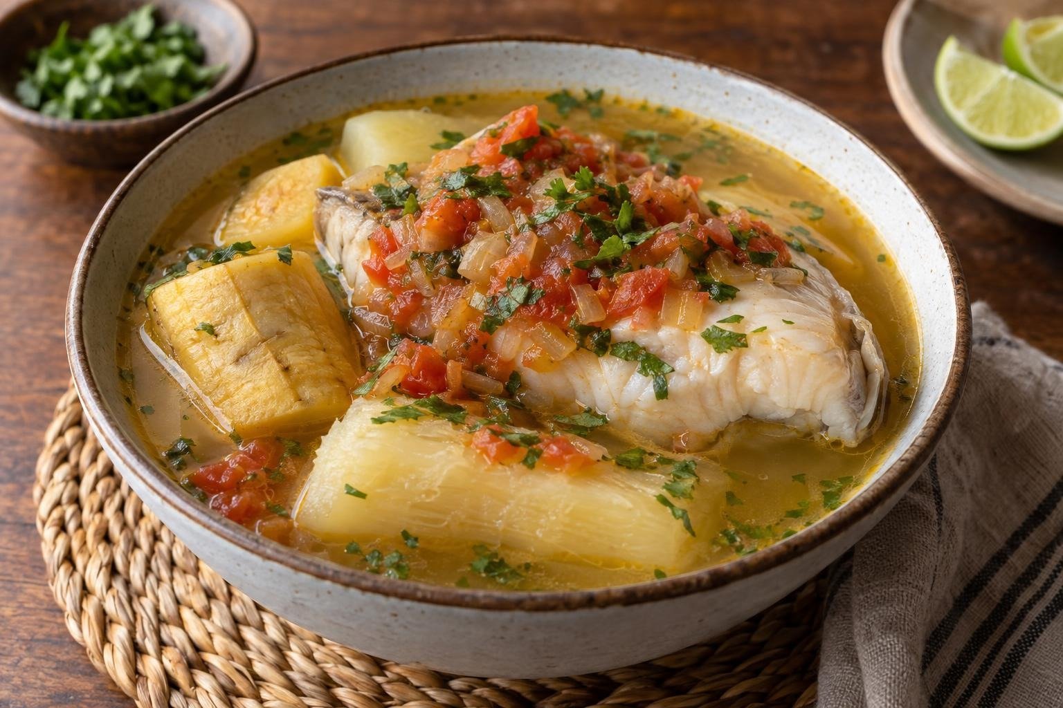 Viudo de pescado tolimense servido con pescado blanco, plátano verde, yuca, papa, hogao y cilantro.